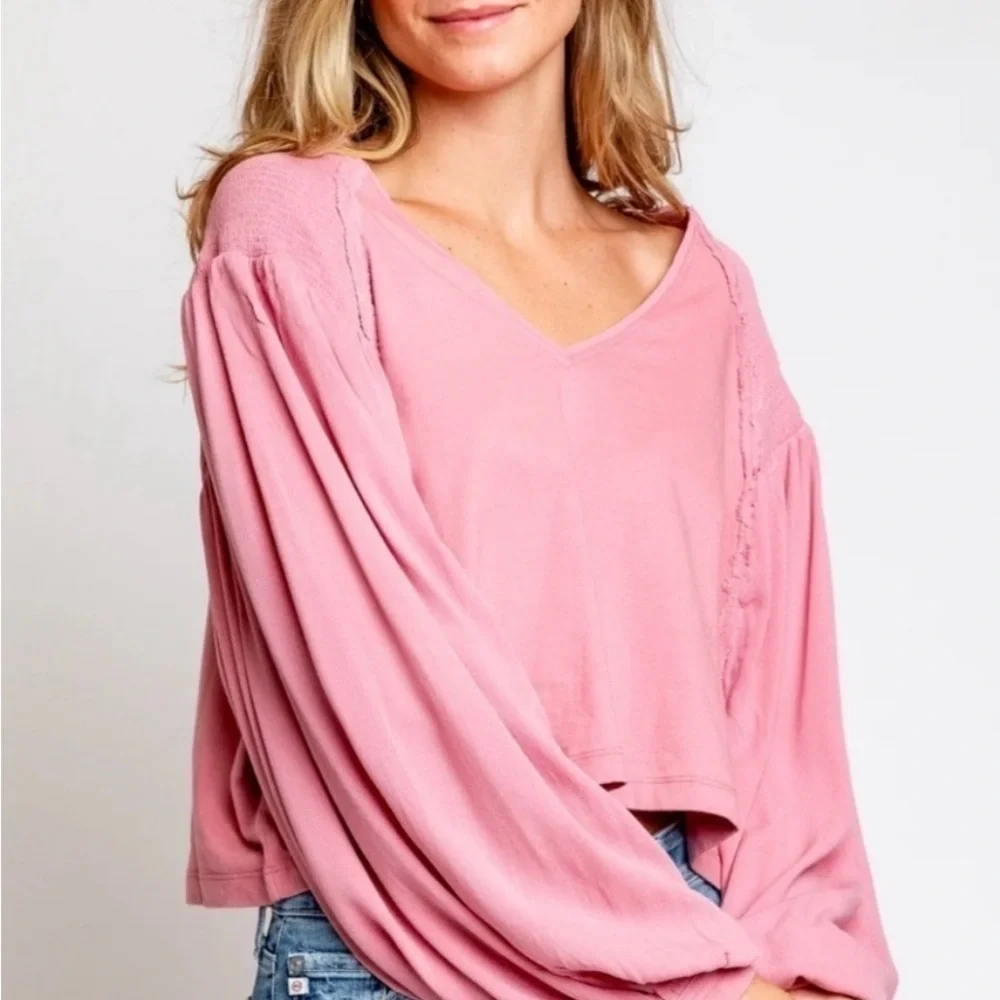 NWT Free People Kathy Boho Blouse in Blush Rose, Long Sleeve Statement Top‎